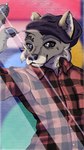 2024 absurd_res anthro beanie blue_eyes canid clothed clothing fur grey_body grey_fur hat headgear headwear hi_res male mammal pattern_clothing plaid plaid_clothing rdy shirt topwear zgf_art