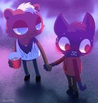 2024 anthro bear biped black_body black_fur blue_eyes bombshell_(nitw) brown_body brown_fur domestic_cat duo ear_piercing ear_ring felid feline felis fur hand_holding hi_res mae_borowski male mammal meowferi night_in_the_woods piercing red_eyes ring_piercing