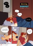 5_fingers anthro canid canine canis clothed clothing comic domestic_dog exclamation_point fingers hair hi_res inner_ear_fluff male mammal open_mouth red_clothing red_shirt red_topwear shirt solo spanish_text text topwear translated tuft yuguni yuguni_(yuguni)