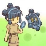 1:1 alternate_species blue_hair bronzor cosplay duo female generation_4_pokemon hair hand_mirror hitec human humanized looking_at_mirror looking_at_object mammal mirror nintendo not_furry pokemon pokemon_(species) yellow_eyes