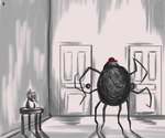 8_legs ambiguous_gender anthro arachnid arthropod black_body black_fur clothing detailed_background door fur hat headgear headwear hi_res mr._spider solo spider the_magnus_archives twistyblitzy