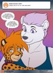 2018 anthro ask_blog bear breasts cheetah cleavage clothed clothing collar comic conditional_dnp dialogue digital_media_(artwork) duo dynamite_(kadath) english_text eyeshadow felid feline female grey_eyes kadath lipstick makeup mammal mature_anthro mature_female piercing polar_bear purple_eyes speech_bubble spiked_collar spikes text tumblr url ursine user_avatar vera_korzynski