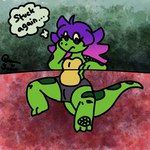 1:1 anthro comic female gradient_hair green_body green_scales green_spots hair lizard messy_hair pants_only pink_hair purple_hair queen_susie reptile scales scalie scar signature solo spots stuck stuck_in_ground tail thick_tail thought_bubble trixie_(queen_susie) underbelly yellow_underbelly