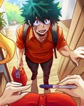 4:5 absurd_res anthro anthro_pov big_breasts blonde_hair breasts clothing day door eye_scar facial_scar female female_pov first_person_view floor freckled_face freckles grass green_eyes green_hair group hair hi_res holding_bag holding_pregnancy_test human ippan_josei izuku_midoriya larger_pov looking_at_viewer male mammal my_hero_academia ochaco_uraraka plant red_clothing red_shirt red_topwear scar shadow shirt smile standing topwear trio vlizz wcdonald's wood wood_door wood_floor