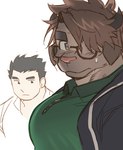 anthro catoblepas_(tas) clothing duo eyewear girl_staring_at_man's_chest glasses horn human jock_protagonist_(tas) lifewonders male mammal meme muscular muscular_anthro muscular_male pecs polo_shirt protagonist_(tas) pubes shirt tokyo_afterschool_summoners topwear wasp_(artist)