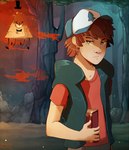 2015 adolescent ambiguous_gender baseball_cap bill_cipher blue_eyes book bottomwear bow_tie brown_hair clothed clothing detailed_background digital_media_(artwork) dipper_pines disney duo euclidean eye_of_providence eyebrows eyelashes forest freckled_face freckles frown fully_clothed grass gravity_falls grey_bottomwear grey_clothing hair hat headgear headwear holding_book holding_object human human_focus looking_at_another looking_back looking_back_at_another male mammal maplespyder narrowed_eyes night outside plant red_clothing red_eyes red_shirt red_smoke red_t-shirt red_topwear shaded shirt short_hair smoke t-shirt top_hat topwear tree vest young young_human young_male