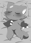 3_claws anthro bed bodily_fluids claws clothing domestic_cat eyes_closed felid feline felis female furniture gloves handwear mammal meringue_(pixiv) monochrome open_mouth pillow sleeping solo sweat tail