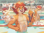 adolescent anthro countershade_face countershade_torso countershading english_text eyebrows felid group hemuchang hi_res lion male mammal medal open_mouth open_smile pantherine partially_submerged ryker_(rykerlion) smile text water young