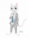 blue_eyes bottomwear clothed clothing dein_(frosthill) digital_media_(artwork) domestic_cat felid feline felis frosthill fully_clothed fur hand_in_pocket looking_away male mammal necktie pants pockets shirt simple_background solo standing topwear white_background white_body white_fur