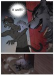 aman_(weibo) anthro black_body bottomwear canid canine canis clothing comic domestic_cat duo english_text exclamation_point felid feline felis fur grey_body grey_fur hard_translated humanoid_hands lying male mammal outside question_mark scared shorts surprise text third-party_edit translated translation_edit wolf