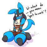 1:1 ambiguous_gender anthro blush bound chest_spike dialogue generation_4_pokemon hand_spike hi_res lewott lucario nintendo pokemon pokemon_(species) red_eyes solo spikes spikes_(anatomy) thick_thighs