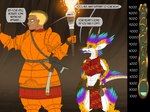 anthro armor axe blonde_hair blue_body blue_eyes blue_scales blush blush_stickers bottomwear breasts brown_body brown_scales bythebook clothing dark_body dark_skin dialogue duo english_text exposure_variation eyelashes female green_sclera hair holding_object holding_torch horn human kobold mammal navel open_mouth orange_body orange_scales pink_eyes purple_tongue red_bottomwear red_clothing red_topwear scales scalie sharp_teeth short_hair small_breasts speech_bubble teeth text thick_thighs tongue topwear torch white_body white_scales wide_hips