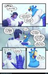 5_fingers anthro avian biped bird blue_body bmbrice bottomwear clothed clothing colored comic dialogue dialogue_box duo english_text fingers hair hi_res humanoid male open_mouth oz_(supercell) pants purple_body purple_hair shirt speech_bubble supercell_(comic) tazho_zhaze text topwear url zeikauko