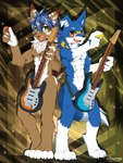 abs absurd_res akino-kamihara anthro arcello athletic athletic_male blue_body blue_fur blue_hair brown_body brown_fur canid canine countershading detailed_background duo ear_markings featureless_crotch fur green_eyes guitar guitar_pick hair hi_res kemono lagomorph leporid looking_at_viewer male mammal markings multicolored_body multicolored_ears musical_instrument narrowed_eyes navel nipples nox_(noxbluewolf) nude obliques pattern_background plucked_string_instrument production_taiikukan rabbit red_eyes side_by_side simple_background string_instrument tied_hair tuft two_tone_body white_body white_countershading white_facial_markings white_fur white_markings yellow_markings