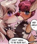 2019 adaline_(sharemyshipment) alexis_(vulpessentia) anthro blonde_hair blue_eyes blush cervine clothed clothing comic deer dialogue digital_media_(artwork) english_text fallow_deer female foxinshadow hair heart_symbol hi_res imminent_sex maid_uniform mammal new_world_deer red_hair shaded simple_background speech_bubble text uniform white-tailed_deer