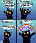 Rating: s
ID: 3772528
Date: 2022-12-25 22:13:19 -0500
Status: active
Score: 283
4_panel_comic base_two_layout black_body black_fur blue_background collar comic dialogue domestic_cat english_text felid feline felis female feral four_frame_grid four_frame_image fur grid_layout hi_res mammal no_sclera offscreen_character omny87 pupils quadruped rainbow simple_background slit_pupils solo speech_bubble text two_row_layout url yellow_eyes post #3772528