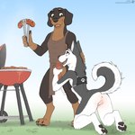 1:1 2023 4_toes anthro anus apron apron_only black_body black_fur blue_eyes bottomless brown_body brown_fur canid canine canis claws clothed clothing cooking_tongs crop_top crop_top_only dachshund day digitigrade domestic_dog duo eye_contact feet female female_anthro flat_chested food fur genitals grass green_eyes grill hana_(jishinu) hand_on_head happy hi_res hunting_dog husky jishinu kitchen_utensils kneeling_oral_position leg_grab looking_at_another looking_at_partner looking_down looking_down_at_partner looking_up looking_up_at_partner male male/female mammal meat multicolored_body multicolored_fur nordic_sled_dog open_mouth outside_sex pawpads paws penis penis_grab plant pussy sausage sex shirt spitz standing tail text toe_claws toes tongs tongue tools topwear topwear_only url white_body white_fur