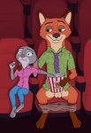 anthro balls bottomwear bottomwear_down canid canine clothed clothing disney duo exposed_balls female food fox fur genitals green_eyes grey_body grey_fur hi_res hidden_penis inside judy_hopps lagomorph leporid male male/female mammal movie_theater nick_wilde orange_body orange_fur pants pants_down partially_clothed penis_in_popcorn pink_eyes popcorn public public_exposure rabbit realization red_fox surprised_expression true_fox wroniasty zootopia