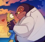 1_eye 2_tongues alien alien_humanoid alittleyolk blush blush_lines bottomless bottomless_male clothed clothing coat disney duo eye_contact green_body green_skin happy head_markings heart_symbol hi_res humanoid jumba_jookiba kweltikwan lab_coat lilo_and_stitch looking_at_another male male/male markings multi_eye multi_tongue multicolored_body multicolored_skin obese obese_humanoid obese_male occipital_markings open_mouth open_smile outside overweight overweight_humanoid overweight_male pink_body pink_skin plorgonarian purple_body purple_mouth purple_skin sea slim slim_male smile sunset tongue topwear water wendy_pleakley yellow_sclera