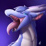 2017 ambiguous_gender blue_body blue_eyes blue_fur dragon feral fur hair headshot_portrait hi_res horn inner_ear_fluff mouth_shot mythological_creature mythological_scalie mythology open_mouth portrait scalie shikaro simple_background solo teeth tongue tongue_out tuft