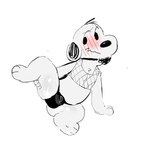 anthro beagle black_nose blush canid canine canis domestic_dog embarrassed fur hunting_dog male mammal pawfunk_(artist) peanuts_(comic) raised_leg scent_hound simple_background snoopy solo white_background white_body white_fur