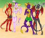 2009 activision anthro anthrofied beach bikini black_body black_clothing black_swimming_trunks black_swimwear butt_slap claws clothing cynder dialogue digital_media_(artwork) dragon ember_(spyro) female flame_(spyro) flame_pattern green_clothing green_swimming_trunks green_swimwear group horn jealous jewelry male male/female mythological_creature mythological_scalie mythology necklace purple_bikini purple_body purple_clothing purple_swimwear red_body sand scalie shalonesk short_pants slap smack speech_bubble spyro spyro_the_dragon swimming_trunks swimwear tail text two-piece_swimsuit white_bikini white_clothing white_swimwear wings