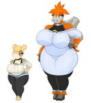 absurd_res anthro big_breasts blonde_hair blue_eyes bottomwear breasts camerupt clothing collar duo female generation_3_pokemon hair hi_res huge_breasts legwear nintendo numel orange_body orange_hair pokeball pokemon pokemon_(species) red_eyes shorts simple_background stockings sweater topwear urusee584 white_background yellow_body