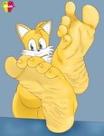 5_toes absurd_res anthro canid canine elricalde feet foot_fetish foot_focus fox hi_res humanoid_feet looking_at_viewer male male_feet mammal miles_prower nude plantigrade sega simple_background sitting soles solo sonic_the_hedgehog_(series) spread_toes toes wrinkled_feet wrinkles yellow_body