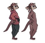 2023 anthro barefoot brown_body brown_fur butt clothed clothing digital_media_(artwork) eyewear feet fully_clothed fur genitals glasses male mammal mostly_nude mustelid otter otterly_(character) penis samur_shalem simple_background smile solo standing tail white_background