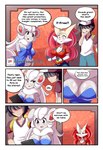 annoyed anthro anthrofied braixen bray_(lucyfercomic) breasts canid cinccina_(lucyfercomic) cinccino clothing comic cute_fangs english_text fangs female generation_5_pokemon generation_6_pokemon gloves group hair hair_over_eyes hands_together handwear hat headgear headwear hi_res holding_chin human inner_ear_fluff inside lucyfercomic male mammal may_(pokemon) nintendo pokemon pokemon_(species) pokemon_trainer pokemorph speech_bubble teeth text tuft