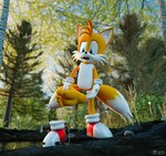 3d_(artwork) 5_toes anthro barefoot blue_eyes canid canine clothing digital_media_(artwork) feet foot_fetish footwear forest fox gloves handwear hi_res jony1991 male mammal miles_prower one_shoe_on plant sega shoes soles solo sonic_the_hedgehog_(series) toes tree white_clothing white_gloves white_handwear yellow_body