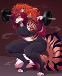 ankle_tuft anthro arm_tuft barbell_squats big_hair black_clothing bodily_fluids bottomwear bra canid claws clothing digitigrade ear_piercing elbow_tuft felid female finger_claws fluffy fluffy_tail fur green_eyes hair hi_res hybrid kasusei leg_tuft mammal midriff multicolored_hair musk musk_clouds orange_body orange_fur pantherine pants piercing red_hair shirt solo sports_bra striped_body striped_fur stripes sweat sweatdrop tail tank_top tiger tight_bottomwear tight_clothing tight_pants toe_claws topwear tuft underwear yoga_pants