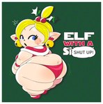 bell bell_ear_ring belly big_butt black_text blonde_hair blue_eyes blush blush_stickers border butt butt_cleavage christmas christmas_clothing clothing dialogue elf elf_on_the_shelf eyelashes female footwear green_background hair hat headgear headwear hi_res holidays holly_(plant) humanoid humanoid_pointy_ears jingle_bell light_body light_skin mammal mii mintrimo nintendo not_furry obese obese_female obese_humanoid overweight overweight_female overweight_humanoid panties plant pointy_ears rear_view red_clothing red_footwear red_panties red_shoes red_text red_underwear shoes short_stack simple_background solo speech_bubble text thick_thighs underwear white_border white_text