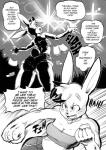 2017 anthro bandage bottomwear breasts butt cleavage clothed clothing comic daigaijin dialogue english_text female furryfight_chronicles hi_res lagomorph leporid lights mammal midriff monochrome muko rabbit shorts speech_bubble text