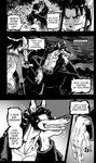 anthro baseball_bat bat_(object) canid canine canis clothed clothing comic daigaijin dialogue dipstick_tail domestic_dog english_text felid female fox fur furryfight_chronicles gantus_(furryfight_chronicles) group hair hi_res kalita_(furryfight_chronicles) leyline_(furryfight_chronicles) lion male mammal markings monochrome multicolored_tail pantherine tail tail_markings text