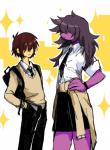 2019 anthro brown_hair chokas0_(artist) clothed clothing deltarune digital_media_(artwork) duo female hair hand_on_hip hi_res human kris_(deltarune) male mammal purple_eyes reptile scalie school_uniform simple_background susie_(deltarune) undertale_(series) uniform