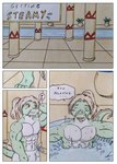 2022 abs absurd_res anthro barazoku bath bathhouse bathing biceps blonde_hair bulge comfortable comic comic_panel dashthefox dialogue dragon eastern_dragon facial_hair fu_manchu goatee green_body hair hi_res male manly muscular muscular_anthro muscular_male mustache mythological_creature mythological_scalie mythology pecs pillar plant ponytail red_eyes scalie sek-raktaa solo speech_bubble tail towel towel_around_waist towel_only traditional_media_(artwork) vase water wet wet_body