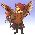 1:1 ahoge alternate_species ambiguous_feral ambiguous_gender avian beak bird bottomwear clothed clothing coat cosplay duo fearow feathered_crest feathered_wings feathers feral fully_clothed generation_1_pokemon hair head_crest hitec human humanized male mammal nintendo pants pokemon pokemon_(species) red_eyes red_hair spiky_hair tail tail_feathers topwear wings