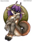 2024 anthro black_nose black_sclera bovid breasts canid canine canis caprine english_text female goat grey_nipples hair hooves hybrid inner_ear_fluff mammal michele_light nipples nude purple_eyes purple_hair sitting solo tail text tuft wolf