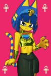 2024 5_fingers :< >:< absurd_res amiokay animal_crossing ankh ankha_(animal_crossing) anthro armor bangs belt blue_claws blue_ears blue_finger_claws blue_hair bob_cut bottomwear breasts bright_colors claws clothed clothed_anthro clothed_female clothing digital_drawing_(artwork) digital_media_(artwork) domestic_cat felid feline felis female female_anthro finger_claws fingers front_view fur gold_(metal) gold_armlet hair hi_res looking_at_viewer mammal markings midriff mouth_closed narrowed_eyes nintendo noseless pink_background portrait simple_background small_breasts striped_markings striped_tail stripes tail tail_markings three-quarter_portrait uraeus vambrace yellow_body yellow_face yellow_fur yellow_inner_ear