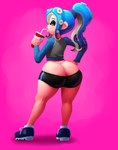 absurd_res beverage big_butt blue_hair butt cephalopod clothing coleoid container cup female freckled_butt freckled_face freckles green_eyes hair hi_res humanoid light_body light_skin looking_back marine mollusk nintendo octarian octoling octopodiform octopus outta_sync pink_background ponytail simple_background solo splatoon tentacles thick_thighs topwear undersized_bottomwear undersized_clothing vest wide_hips