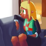 1:1 anthro blonde_hair clothing deer deltarune female furniture green_eyes hair hi_res hitsuji lamp looking_away mammal noelle_holiday on_sofa red_nose sitting sitting_on_sofa sofa sweater topwear undertale_(series)