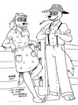 2021 anthro bedroom_eyes clothed clothing domestic_ferret dress duo female fence greyscale hat headgear headwear hi_res ivor_haroldson leofhild_mistreed male male/female mammal monochrome mustelid musteline narrowed_eyes seductive tegerio true_musteline weasel whiskers