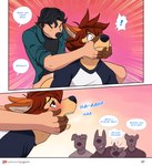 anthro anthro_on_anthro blush canid canine canis clothed clothing comic domestic_dog duo exclamation_point floppy_ears group hair herpestid hi_res inner_ear_fluff interspecies male male/male mammal meerkat rivas_(d_rivas) sex spanish_text text translated tuft yuguni yuguni_(yuguni)