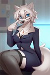 2024 anthro black_clothing black_legwear black_suit black_thigh_highs blue_eyes breasts canid canine canis cleavage clothed clothed_anthro clothed_female clothing eyewear female fluffy fluffy_tail fur garter_straps glasses hair jewelry legwear looking_at_viewer mammal medium_breasts necklace office_lady paper_demon selin_malianis solo suit tail thick_thighs thigh_highs wearing_glasses white_body white_fur white_hair wolf