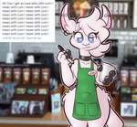 Rating: e
ID: 2949523
Date: 2021-09-28 15:44:01 -0400
Status: active
Score: 115
anthro apron apron_only bulge camelid clothed clothing container cup dialogue_box ear_piercing english_text erection erection_under_clothing femboy front_view green_apron green_clothing heart_eyes heart_pupils heart_symbol hi_res holding_container holding_cup holding_object holding_pen i_mean_breast_milk leo_(leo_llama) leo_llama llama looking_at_viewer male mammal meme mostly_nude nonbinary_(lore) number pen piercing repeated_text solo standing starbucks tenting text time timestamp wide_hips post #2949523