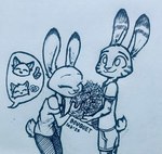 2022 absurd_res anthro black_and_blue bottomwear canid canine clothed clothing cutaway disney duo_focus expression_cutaway fan_character flower fox fully_clothed fur group hi_res holding_flower holding_object inktober jack_savage judy_hopps lagomorph leporid mammal monochrome nick_wilde plant rabbit red_fox shirt shorts skye_(zootopia) smile speech_bubble standing t-shirt theblueberrycarrots topwear traditional_media_(artwork) true_fox zootopia