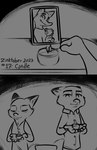 2023 2_panel_comic anthro baby candle canid canine clothing conditional_dnp digital_drawing_(artwork) digital_media_(artwork) dipstick_ears disney dress dress_shirt duo ear_markings english_text eyes_closed female fire fox furniture hi_res holding_baby holding_candle holding_object inktober john_wilde male mammal match monochrome mrs._wilde multicolored_ears nick_wilde photo picture_frame red_fox shirt table tangerine_(artist) text topwear true_fox young zootopia