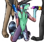 alternative_fashion anthro anthro_on_anthro bodily_fluids box-of-chalk canid canine canis chalky_(thelightforest) colorful_theme coontail_hair cum digital_media_(artwork) domestic_dog erection eyes_closed genital_fluids genitals group iscribble_(artwork) jedrek low_res male male/male mammal multicolored_penis open_mouth penis rainbow rainbow_penis scene_(fashion) scene_haircut simple_background sparklefur tail white_background