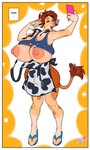 animal_print anthro apron areola big_areola big_breasts big_nipples border bottomwear bovid bovine breast_growth breasts brown_hair bulge cattle clothing cow_print crackiepipe crackiepipe_(character) eyes_closed facial_piercing flip_flops footwear gender_transformation gesture growth gynomorph hair hand_gesture hi_res hooves horn huge_areola huge_breasts huge_nipples hyper hyper_breasts intersex male_(lore) mammal markings mtg_transformation mti_transformation nipple_dip nipples nose_piercing nose_ring piercing pink_nipples raised_tail ring_piercing sandals selfie shirt shoes shorts smile solo species_transformation spots spotted_body tail tank_top topwear torn_clothing transformation under_boob v_sign wardrobe_malfunction white_border